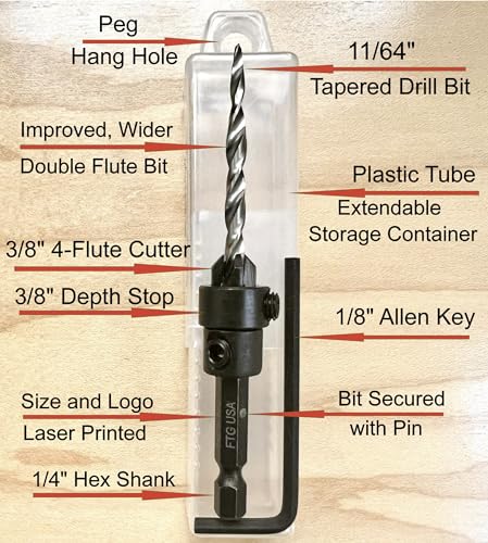 Image of FTG USA #8(11 /64 inch) Tapered Wood Countersink Drill Bit w / 3 /8 inch Collar & Case | Adjustable 3 /8 inch depth stop collar helps control hole depth. Includes sharp tapered countersink bit and storage case
