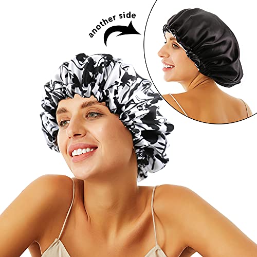 Image of Stain Bonnet Silk Sleep Cap Adjustable Satin Cap for Night Sleeping Hair Bonnet Reversible Double Layer