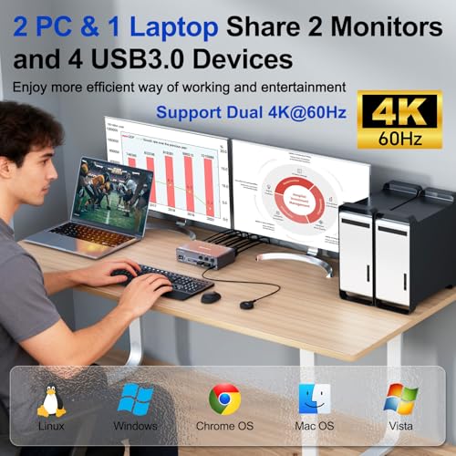 Image of KCEVE KVM Switch 2 Monitors 3 Computers USB C HDMI DP, EDID, USB 3.0 KVM Switch Dual Monitor HDMI for 1 Laptops 2 Desktop, 73W PD, 4K@60Hz, Aluminum, Wired Remote(4K USB C HD DP 3 in 2 Out KVM) | USB 3.0 KVM Switch Dual Monitor HDMI for 1 Laptops 2 Desktop, 73W PD, Aluminum, Wired Remote(4K USB C HD DP 3 in 2 out KVM)