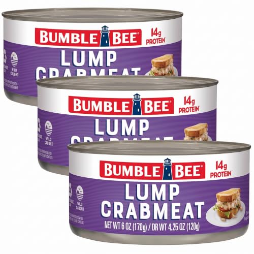 Bumble Bee Lump Crab Meat, 6 oz Can - 14g Protein & 1g Carb Per Serving - Wild Caught, Small Chunks, Drain Before Use - Packaging May Vary (Pack of 3)