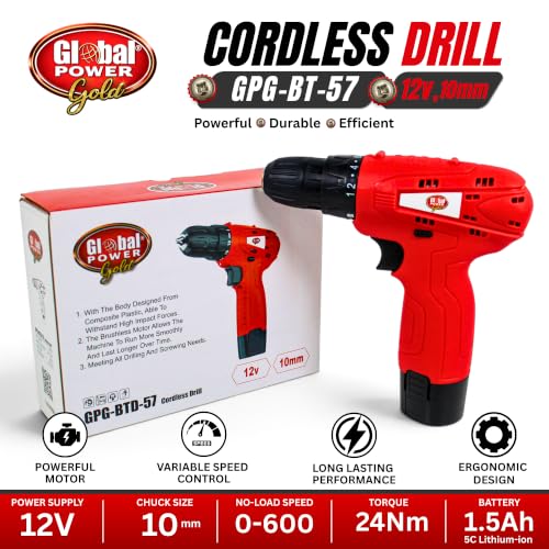 Image of 12V Cordless Drill Driver Home Professional | 24Nm Torque | Cordless ScrewDriver Machine,10mm Chuck | 0-600 RPM | With Drill Kit, 1 Battery & Charger Included 6M Warranty | GPG-BTD-57