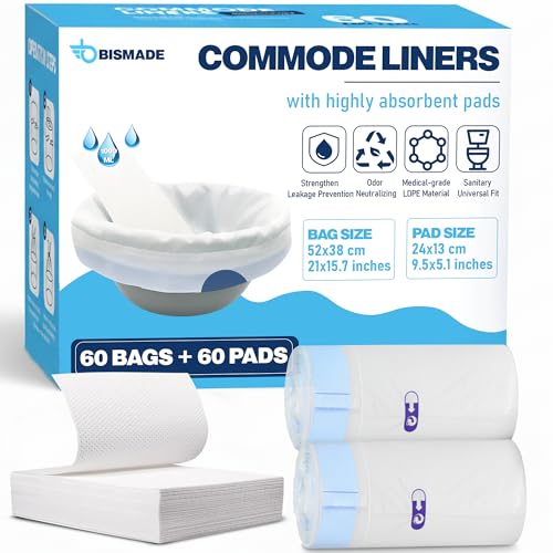 Commode Liners with Absorbent Pads | Value Pack 60 Count Universal Fit | Bedside Commode Liners Disposable and Pads for Adult Commode Chairs