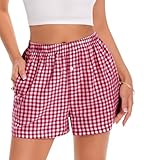 Gosunny Schlafshorts Damen Sommer Kurz Shorts Schlafhose Baumwolle Pyjamahose Karomuster Strandhose mit Taschen(Rot,L)