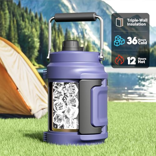 Image of 64 oz Insulated Water Bottle for Gym: Meoky Triple Wall Vacuum Stainless Steel Half Gallon Water Jug - Top and Side Handles, 2-in-1 Straw and Spout Lid, Cold for 36 Hrs, Leak Proof for Camping (Navy)