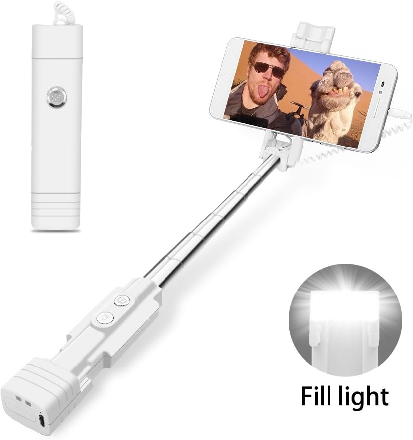Atongm Mini Selfie Stick, wired Extendable Selfie Sticks with LED fill light, Compatible with IOS Android and Other (White)