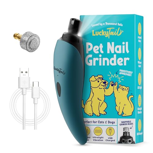 LUCKY TAIL Pet Nail Grinder for Dogs and Cats - Super Quiet and Low Vibration Electric Dog Nail Grinder with 2 LED Lights - USB Rechargeable and Cordless - 2 Speeds - Small to Large Pets - Teal