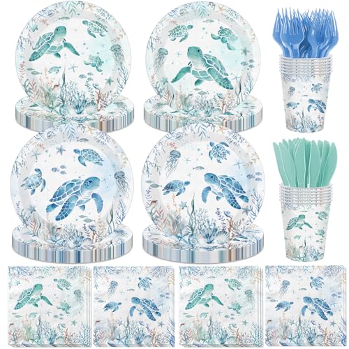 Green and Blue Sea Turtle Plates and Napkins Sets Under the Sea Party Decorations Ocean Themed Party Decorations Turtle Birthday Tableware for Underwater Beach Pool Party Baby Shower Serve 24