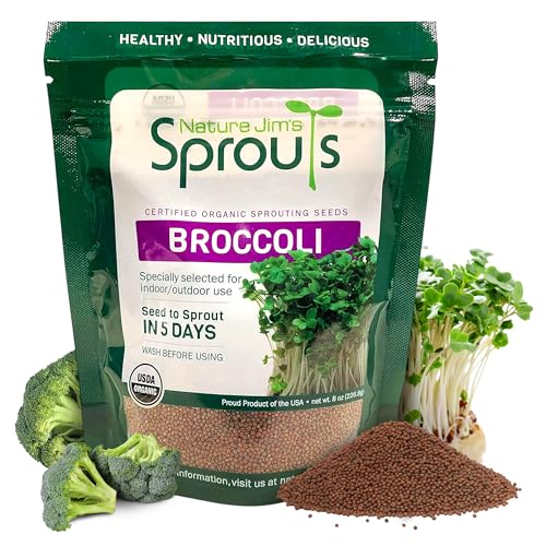 Nature Jims Sprouts Broccoli Sprout Seeds - Certified Organic for Indoor/Outdoor Use - Rich in Sulforaphane Healthy, Nutritious Broccoli Seeds Sprout in 5 Days - 8oz