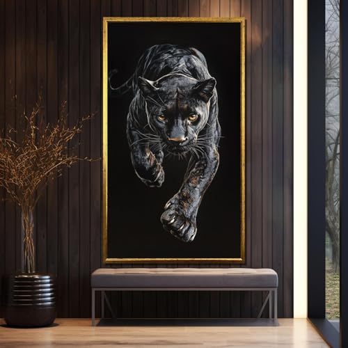 Panthère noire force et puissance tableau animalier art moderne 120cm