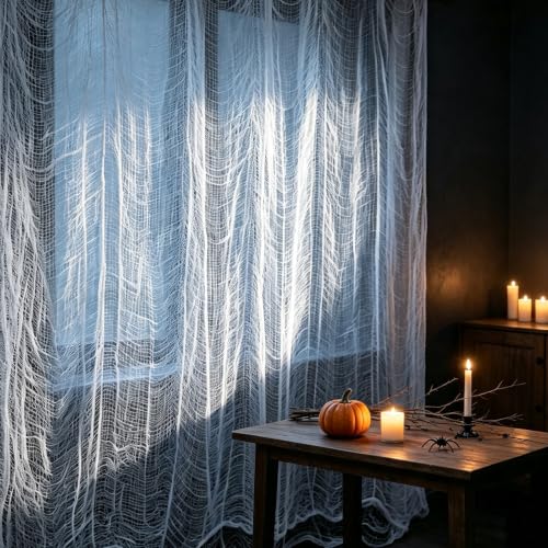 Image of ZeeDix Halloween White Creepy Cloth 80 x 400 Inch Giant Spooky Cheesecloth Decoration Scary Gauze Cloth for Halloween Party Supplies Haunted Houses Outdoor Yard Home Wall Doorways Decor