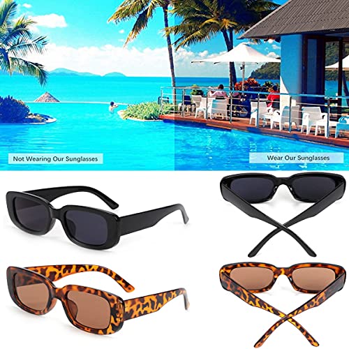 2 Pack Retro Fashion Rectangle Sunglasses Small Square Frames Sun Glasses 90s Vintage Wide Frame Eyewear for Women and Men UV 400 Protection (Black Frame Grey Lens and leopard Frame Brown Lens) - Image 2