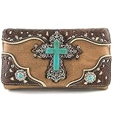 Justin West Tooled Leather Laser Cut Turquoise Rhinestone Cross Concho Studded Shoulder Tote Handbag Purse (Tan Brown Wallet)
