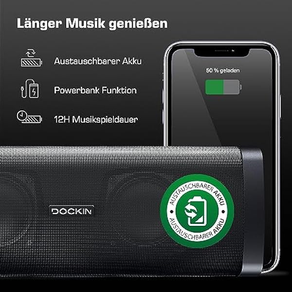 DOCKIN D Fine Altavoz Portátil Bluetooth de 50W Impermeable IP55, hasta 10 Horas de Reproducción con Sonido de Alta Fidelidad y Estereo, Powerbank, NFC, Negro, Diseñado en Alemania