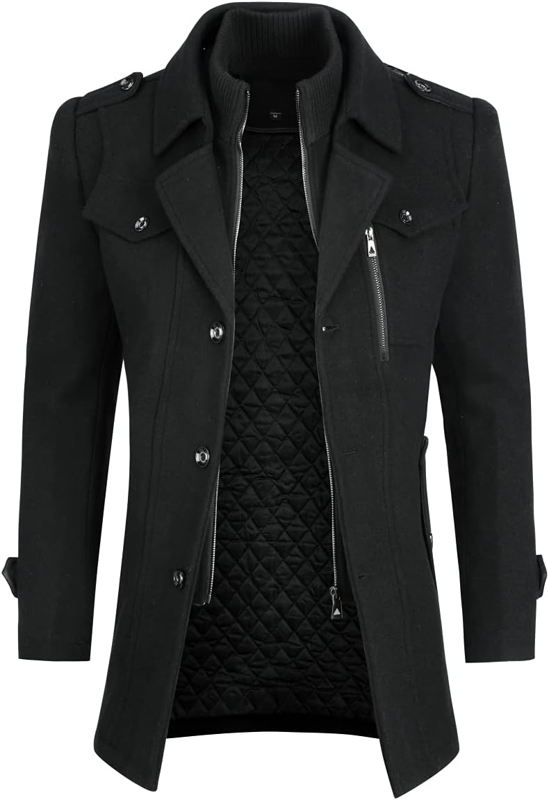 YOUTHUP Mens Wool Coats Casual Thick Short Winter Trench Coat Regular Fit Peacoat with Detachable Inner Collar
