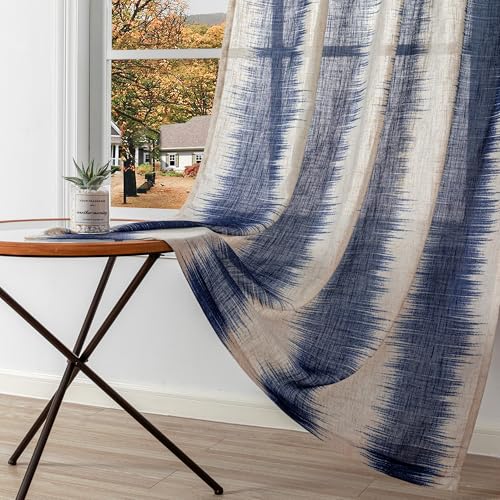 Image of MYSKY HOME Navy Blue Curtains 95 Inch Length 2 Panels Set, Soft Touch Semi Sheer Lines Printed Linen Look Curtains & Drapes, Soft Light Filtering Privacy Protect, 50 inchx95 inch, Navy Blue, 2 Pieces