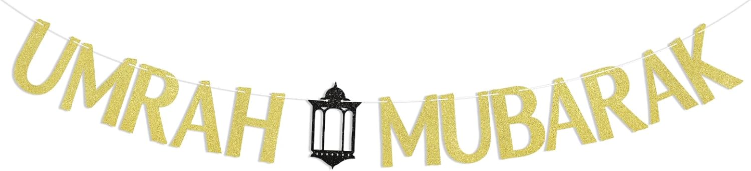 Umrah Mubarak Banners - Islam Hajj Decor, Eid Mubarak Banner, Ramadan Mubarak Banner, Eid Festival Celebration Party Umrah Decorations Gold Glitter