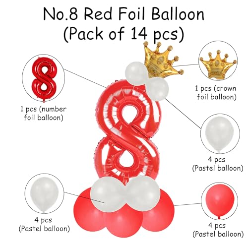 Image of Red 8 Number Foil Balloon with Crown & Base Balloons | 32 Inch Helium Supported for Birthday, Anniversary, Baby Shower Decoration - Pack of 14