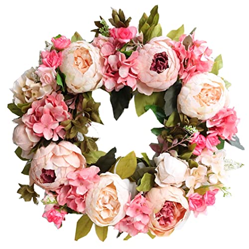 Artificial Peony Flower Wreath,Peony Spring Wreaths for Front Door Outside Rose Summer Wreaths,Artificial Floral Wreath for Farmhouse Office Home Wedding Festival Light Pink