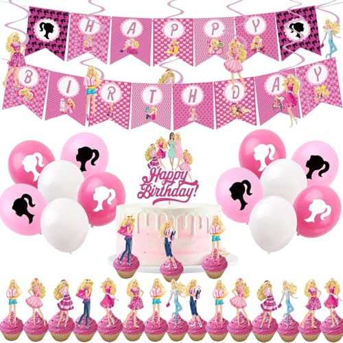 44P Birthday Party Decorations Set Princess Party Pack Happy Birthday Banner Latex Balloons Cake Toppers Hanging Spiral