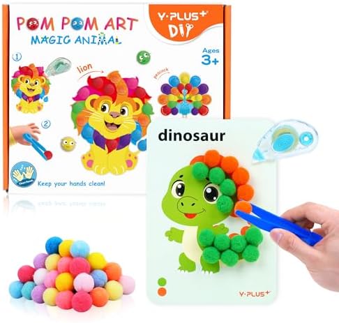 YPLUS Pompoms Art Crafts Kits, Toddler DIY Sensory Montessori Activities Box for Kids Ages 3+, Finger Motor Art Supplies - Theme Animals