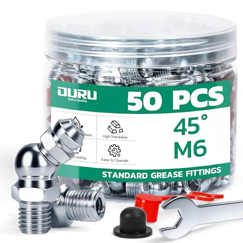 Image of OURU 50PCS M6 METRIC Grease Fittings Kit, Zerk Grease Fittings 45 Degree with Grease Fitting Caps & Wrench Kit(9mm) for Grease Gun