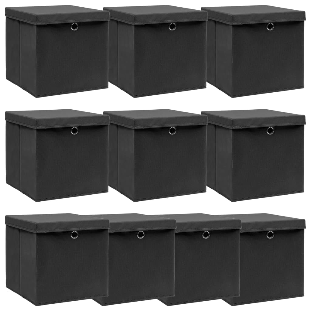 Scatole portaoggetti con coperchio, 10 pezzi, colore nero, 32 x 32 x 32 cm, in tessuto