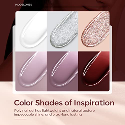 Modelones Poly Nail Gel Kit With Nail Lamp Starter Kit – 6 Colors Burgundy Red Brown Champagne Gold Builder Nail Extension Gel All In One Kit Fall Winter Nail Thickening Solution French Manicure Diy At Home #TOP1