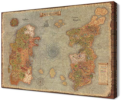 Retro World Map of Warcraft Canvas Wall Art Vintage Map Azeroth Game Map HD Posters Stretched and Framed for Game Room Boys Room Decor (28''H x 40''W)