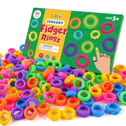 Fidget Rings Sensory Toys for Kids: 50 Pack Textured Sensory Rings - Bulk Fidget Toys for Autism Stress Relief- Quiet Classroom Prizes Treasure Box Stocking Stuffers