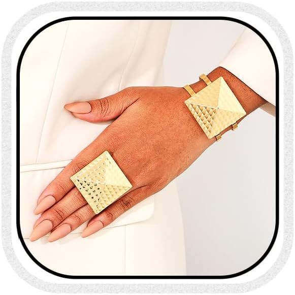 スタイリッシュなゴールドカフチャンクブレスレットリングセット 調節可能なオープンカフバングルブレスレット ワイドジュエリーセット 女