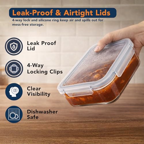 Image of Essentia Glass Lunch Box Borosilicate Container with Leakproof 4-Way Lock Lid, Removable Silicone Gasket, Microwave & Freeze Safe, Dishwasher Safe (1x370ml + 1x640ml)