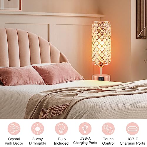 Image of Hong-in Rose Gold Lamp Set of 2, 3-Way Crystal Table Lamp Touch Control with USB-C+A & AC Ports, Dimmable Nightstand Desk Light, Pink Bedside Table Lamp for Bedroom(Bulb Included & Set of 2)