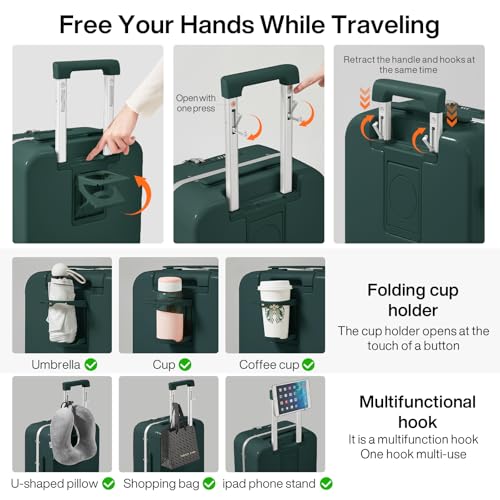 mixi Carry On Luggage with Cup Phone Holder and Charger Hard Shell Suitcases with Spinner Wheels,20 Inch Blackish Green4
