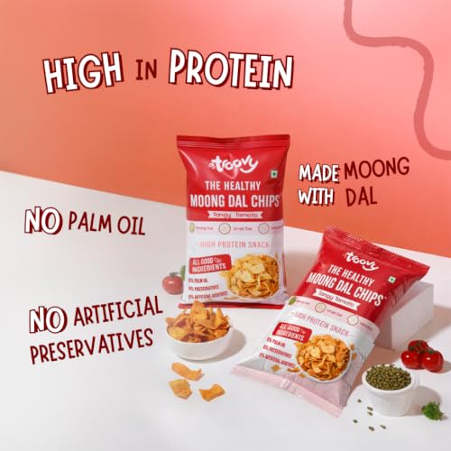 Image of Troovy Healthy Tangy Tomato Moong Dal Chips | Tasty & High Protein Snacks | 30% Of Protein Needs | No Palm Oil, Cholesterol or Trans Fats | 70g (Pack of 3)