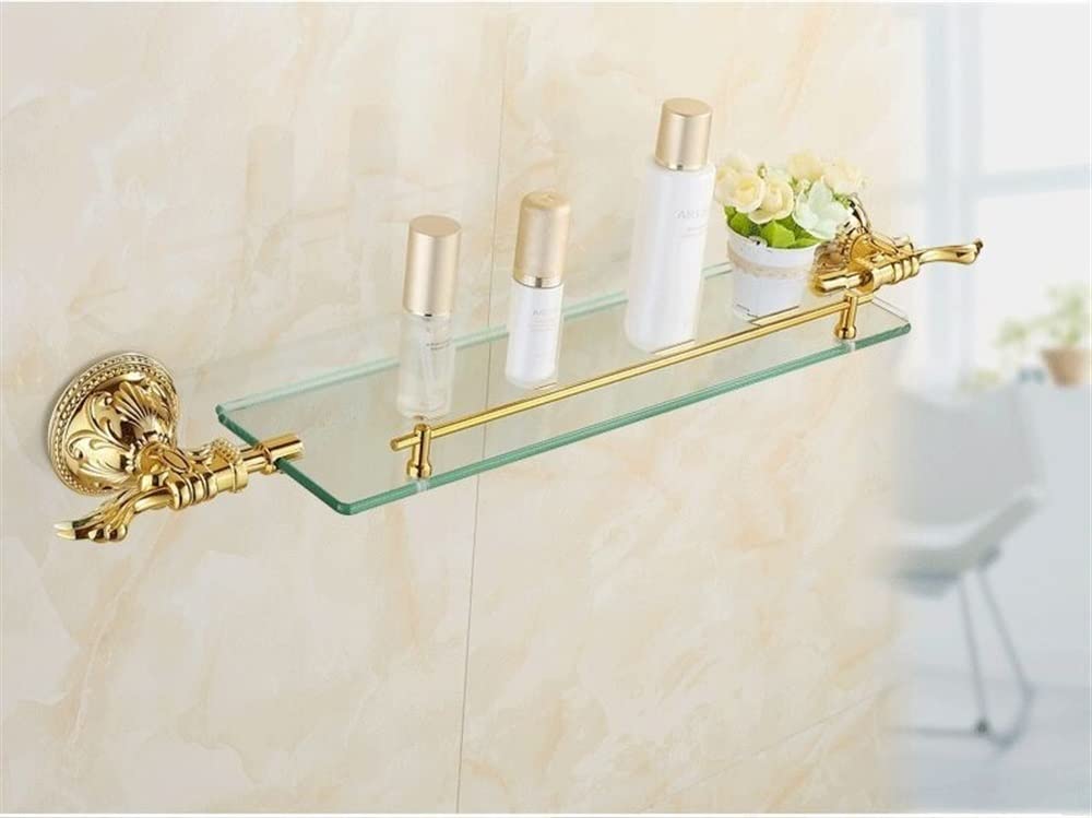 BAHELS Shower Caddy Solid Brass Golden Finish With Tempered Glass Single Glass Shelf Bathroom Shelf Bathroom Organizer