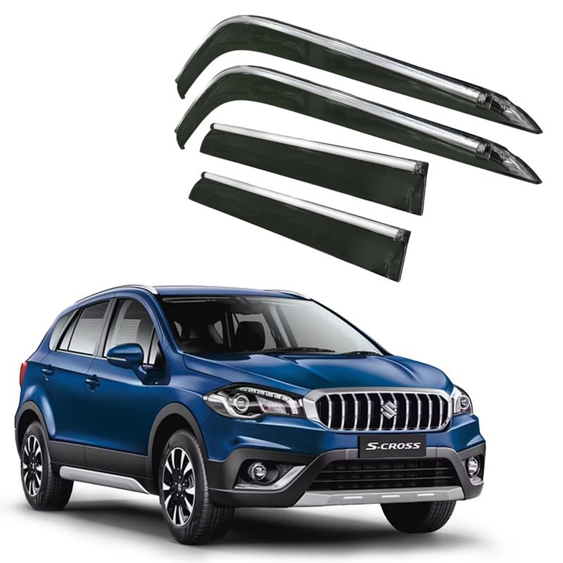 Image of CAR SAAZ Side Door Visors for S-Cross (2017-2020)(Set of 4Pcs) | Chrome Lined Rain Guards, Polycarbonate, Smoke Finish