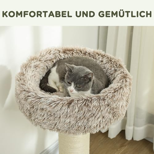 PawHut Kratzbaum 87 cm hoch Katzenbaum mit Bett, dick Stamm, Katzenkratzbaum mit Sisal- Kratzsäulen, für Katzen bis 6 kg, Indoor, Braun-4