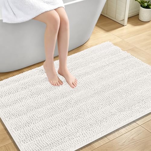 Image of OLANLY Thick Large Bathroom Rugs 44x32, Extra Soft Absorbent Chenille Striped Bath Rugs, Rubber Backing, Machine Wash Dry, Bath Mats for Bathroom Floor, Tub and Shower, Home Decor Accessories, Ivory