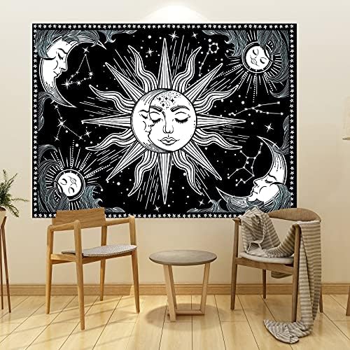 Sun and Moon Tapestry, Wall Hanging Tarot Tapestry Black and White, Constellation Astrology Psychedelic Tapestry, Mandala Bohemian Wall Hanger Bedroom Decoration Tapestry - 150x130cm
