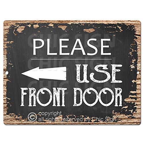 Please Use Front Door Left Arrow Chic Sign Rustic Vintage Chalkboard Style Retro Kitchen Bar Pub Coffee Shop Wall Decor 9"x12" Metal Plate Sign Home Store Decor Plaques
