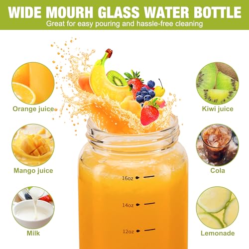 Qumuauu 16oz Glass Juice Bottles – 4 Pack Reusable Wide Mouth Bottles with Stainless Steel Lids & Cleaning Brush, BPA-Free Water Bottles for Juicing, Smoothies, Milk, and Protein (480ml)