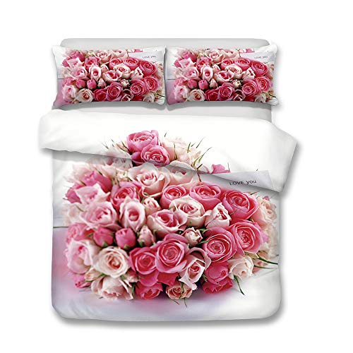NYLIN Microfibre Parure De Lit avec(1 Housse De Couette + 2 Taies d'oreiller),l'amour Rose Romantique Fleur Impression Couple Fille Feuilles, Anti-humidité, Anti-acariens, Lisse Et Confortable Cover