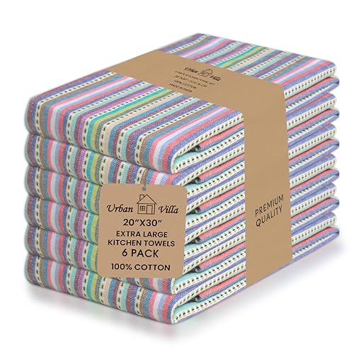 Urban Villa Kitchen Towels 100% Cotton Dish Towels for Kitchen(Set of 6)20”x30” Dish Cloths Highly Absorbent Kitchen Linen Set with Hanging Loop Perfect for Drying Dishes Cleaning Towels-Blue Stripes