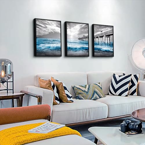 Black Framed Wall Decorations For Living Room 3 Piece Canvas Wall Art For Bedroom Office Wall Decor Black And White Wall Painting Blue Ocean Sea Wave Pictures Artwork For Posters Prints Home Decor