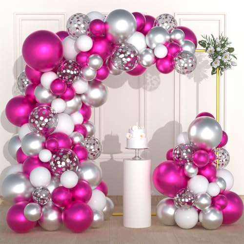 Image of Magenta Hot Pink Silver Balloons Garland Arch - Metallic Rose Red Silver White Balloon Fuchsia Pink Balloons for Weddings Anniversary Bachelorette Birthday Christmas Party Decorations