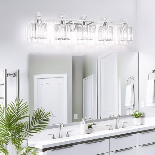 Image of Lxybcce 5 Light Bathroom Vanity Light, Modern Crystal Bathroom Ligth Fixture, Chrome Vanity Lights, Light Fixtures Above Mirror, Wall Lamp for Mirror Living Room Cabinet Bedroom Porch