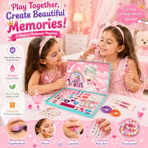 Image of PLUSPOINT Kids Makeup & Accessory Kit for Girl, Washable Makeup Set for Girls, Makeup Set for Kids, Girl Toys Children Play Makeup Kit with Folding Case Birthday Gifts for Girls Age 4 5 6 7 8 Year Old