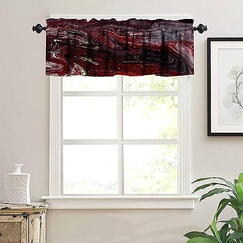 Image of Red and Black Marble Window Valance Curtain, Burgundy Maroon Gold Veins Unique Ombre Abstract Ink Texture Window Valances Treatments for Kitchen Living Room Cafe Decor 54'x18', 1 Panel