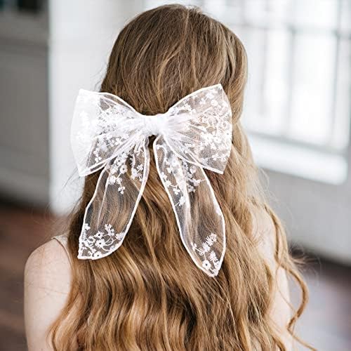 Large Lace Hair Bows for Girls, Hair Clips for Women, Cute Hair Ties Hair Styling Accessories for Wedding Party Beach School, Baby Teen Girl Fabric Stuff, Butterfly Toddler Hair Clip Décor (2 Pack Pure White)