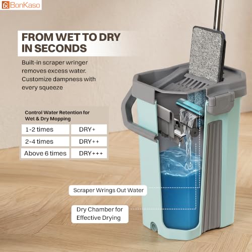 Image of BonKaso Telescopic Flat Mop & Bucket Set with Hands-Free Squeeze System, Microfiber Floor Cleaning Mop for Wet & Dry Cleaning | Includes 2 Reusable Pads for Home, Kitchen, Bathroom & Office | Green